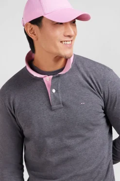 Polo manches longues gris en coton avec col contrasté