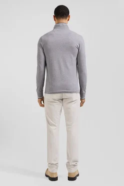 Polo manches longues gris en coton stretch finitions rayées