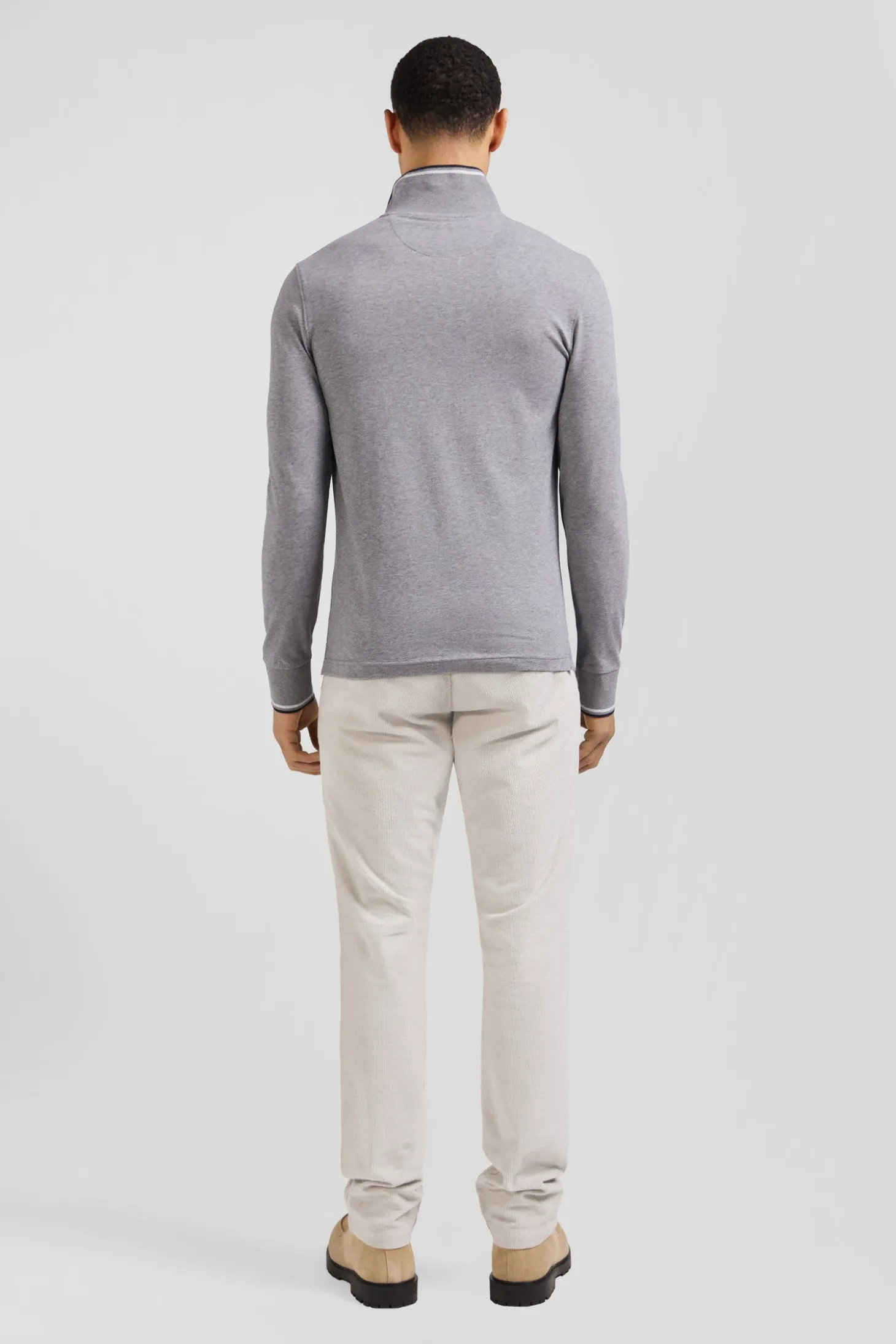Polo manches longues gris en coton stretch finitions rayées