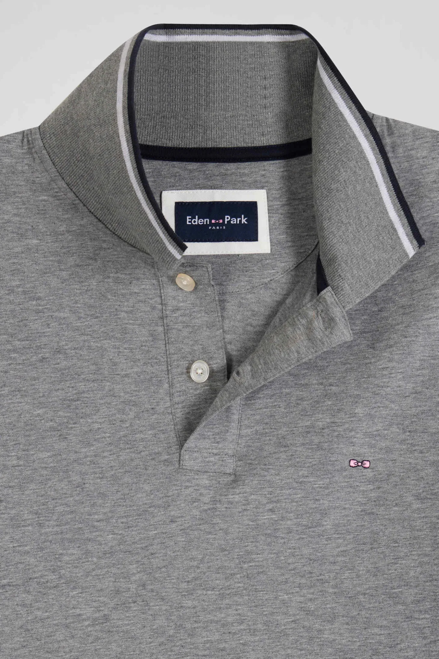 Polo manches longues gris en coton stretch finitions rayées
