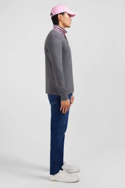 Polo manches longues gris en coton avec col contrasté