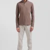 Polo manches longues marron en coton stretch finitions rayées