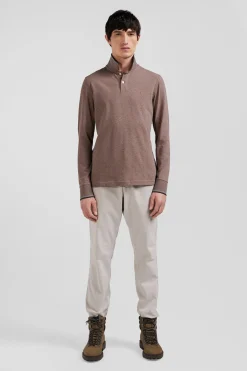 Polo manches longues marron en coton stretch finitions rayées