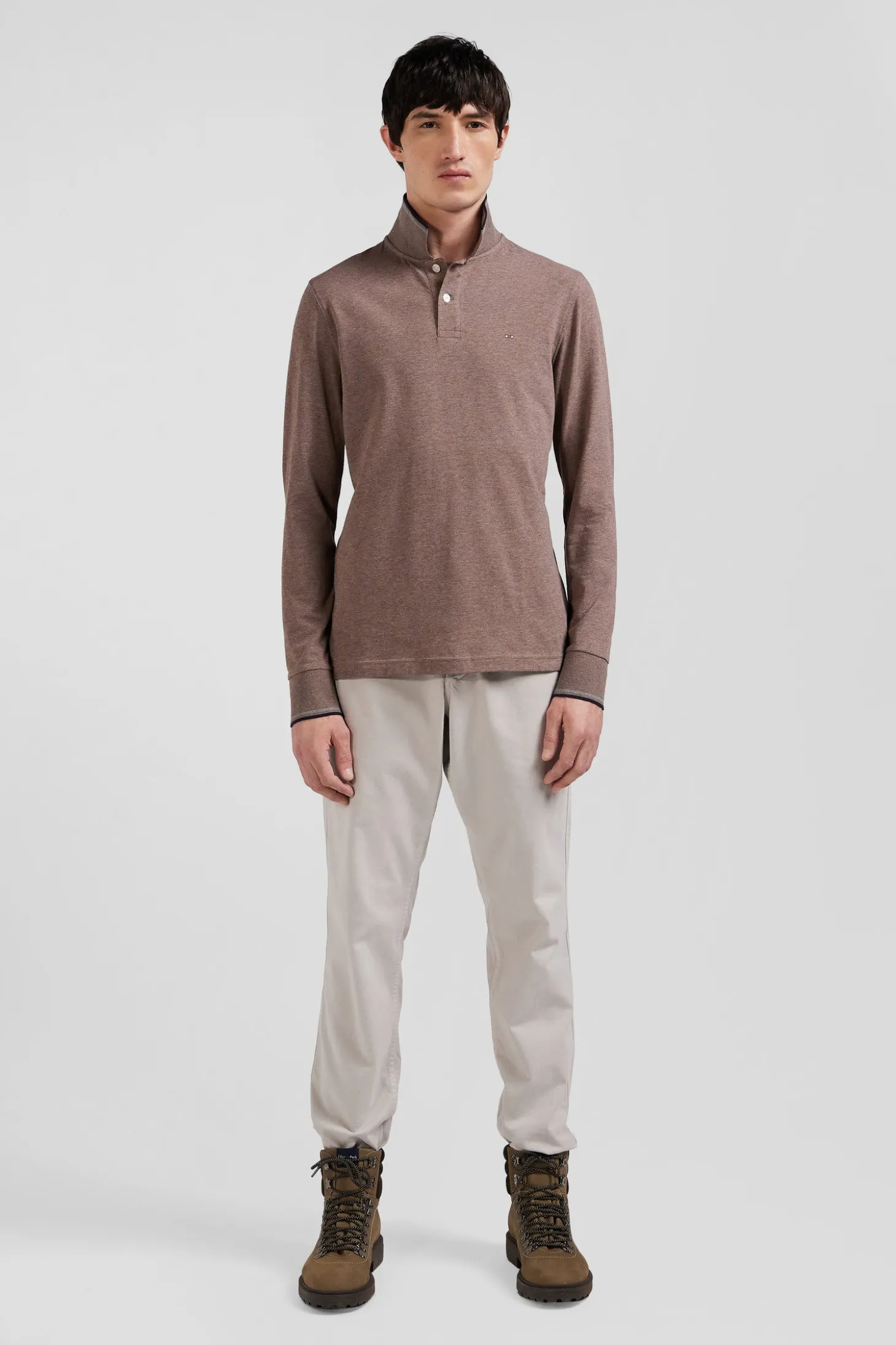 Polo manches longues marron en coton stretch finitions rayées