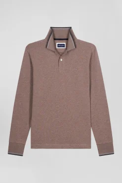 Polo manches longues marron en coton stretch finitions rayées