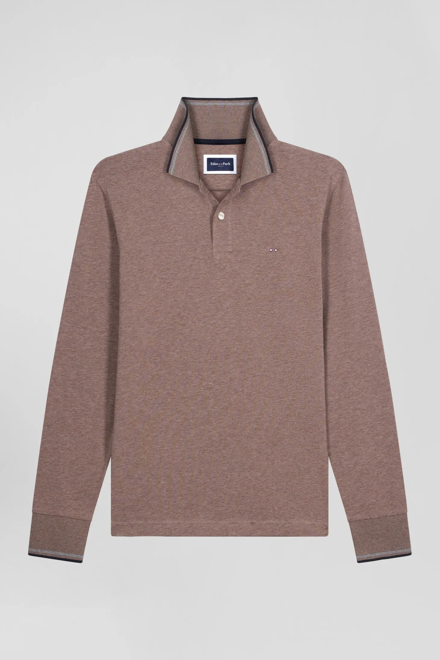 Polo manches longues marron en coton stretch finitions rayées