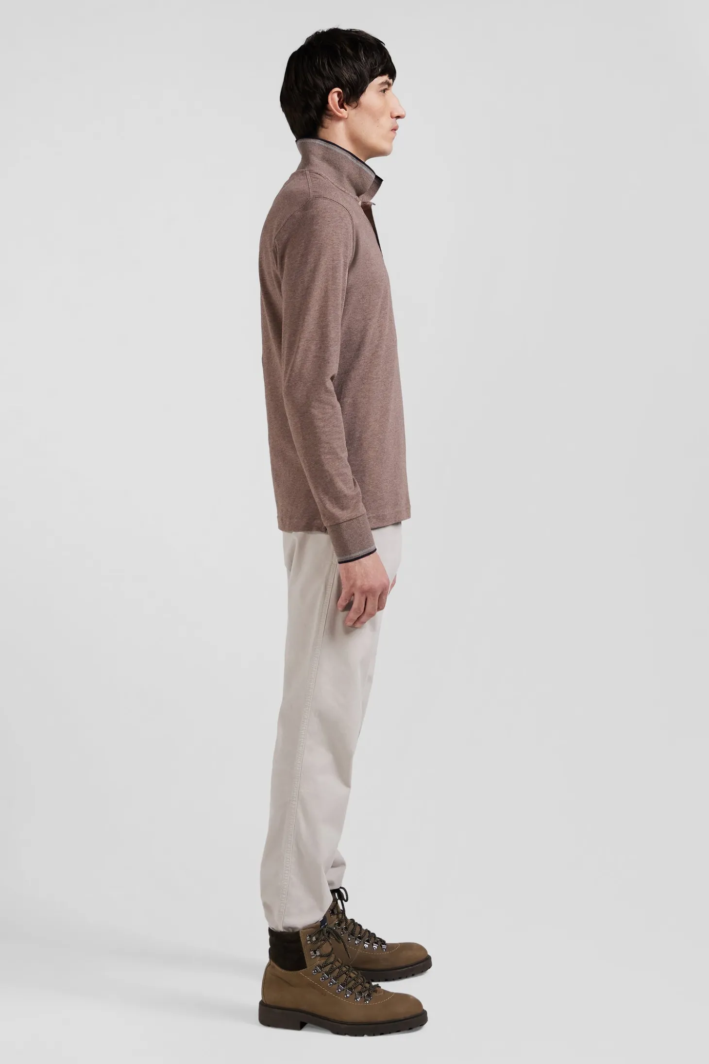 Polo manches longues marron en coton stretch finitions rayées