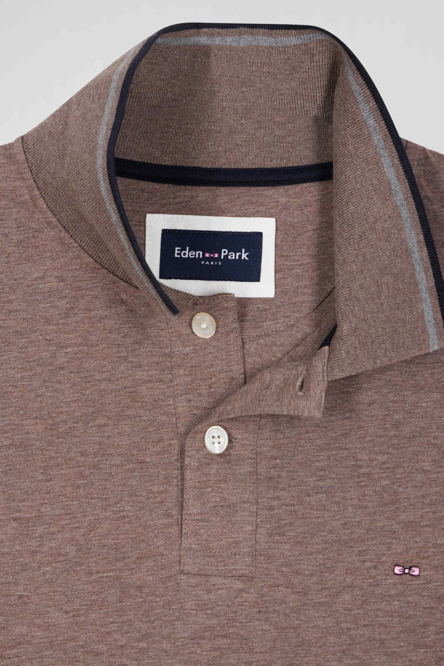 Polo manches longues marron en coton stretch finitions rayées