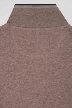Polo manches longues marron en coton stretch finitions rayées