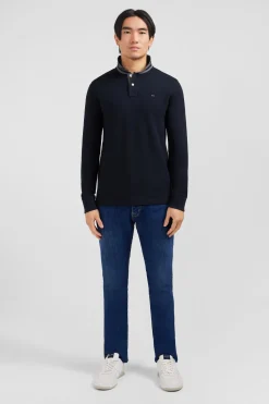 Polo manches longues noir en coton avec col contrasté