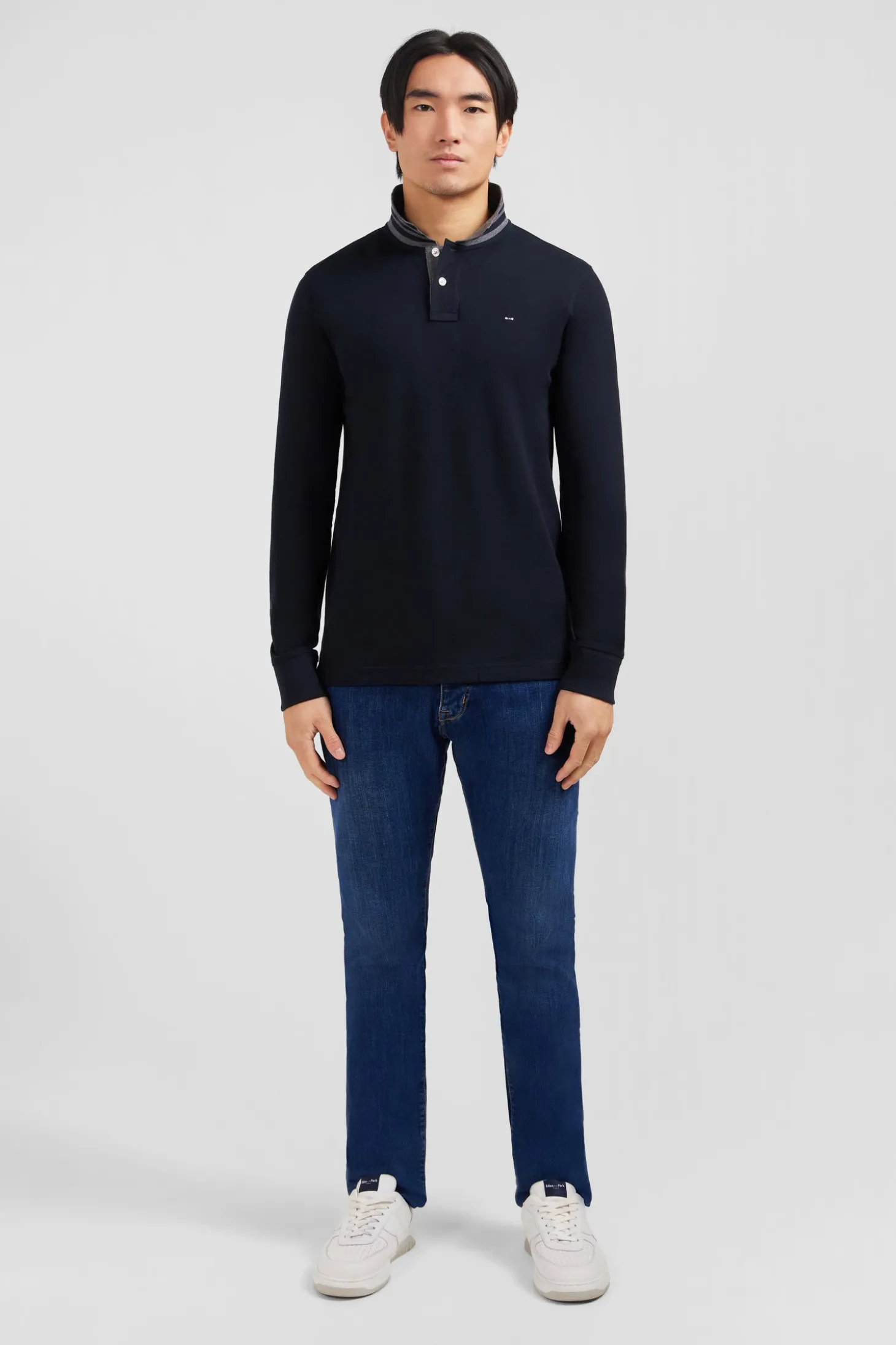 Polo manches longues noir en coton avec col contrasté