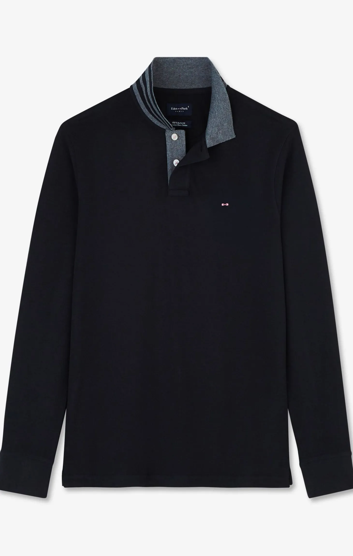 Polo manches longues noir en coton avec col contrasté