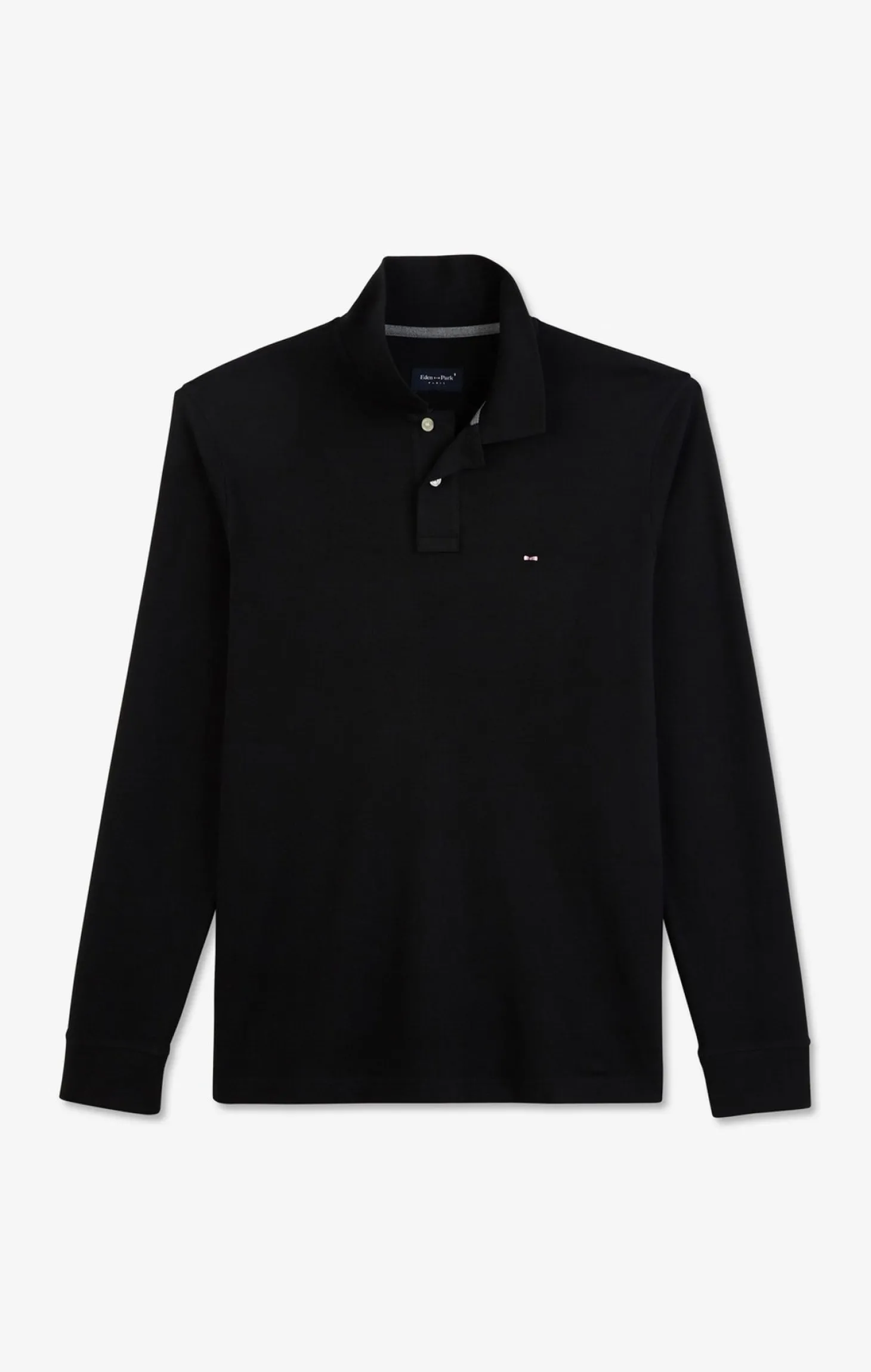 Polo manches longues noir uni en piqué de coton stretch