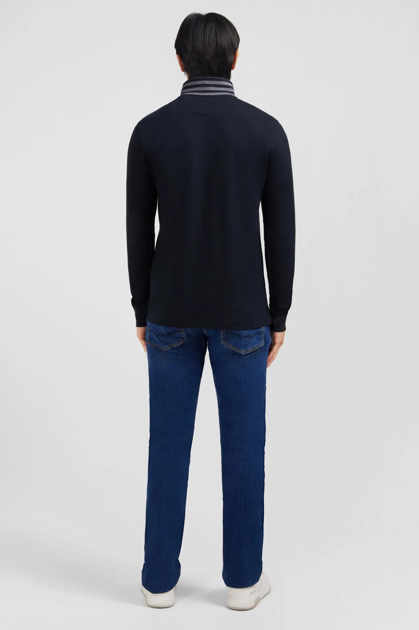 Polo manches longues noir en coton avec col contrasté