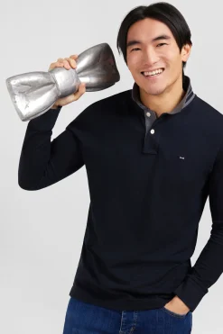 Polo manches longues noir en coton avec col contrasté