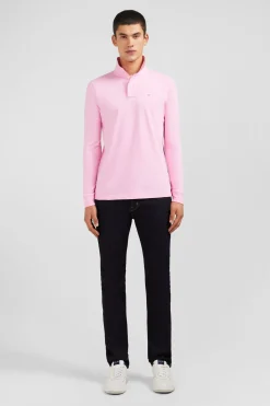 Polo manches longues rose uni en piqué de coton stretch