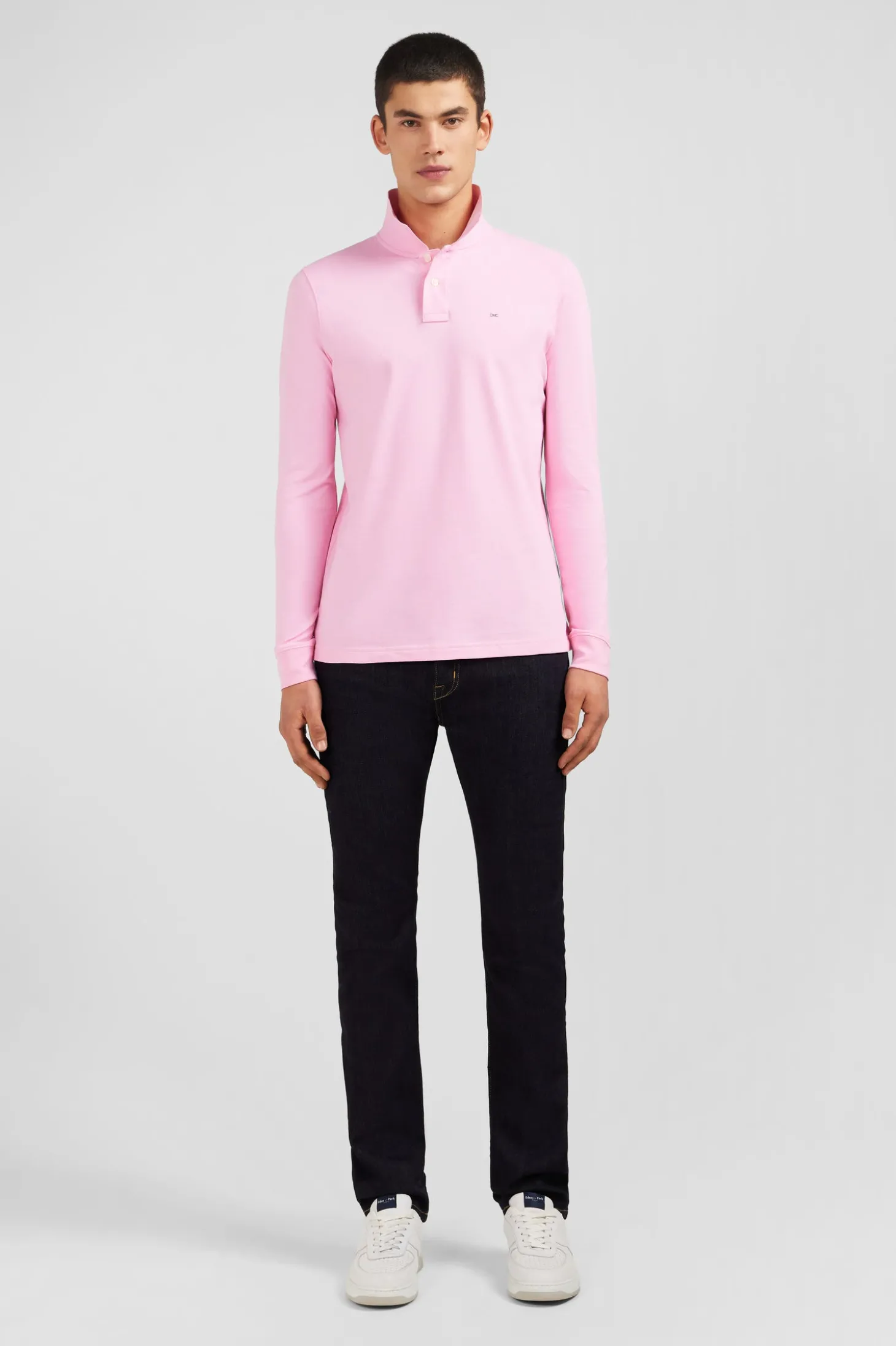 Polo manches longues rose uni en piqué de coton stretch