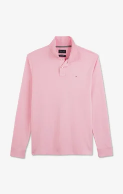 Polo manches longues rose uni en piqué de coton stretch