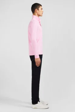 Polo manches longues rose uni en piqué de coton stretch