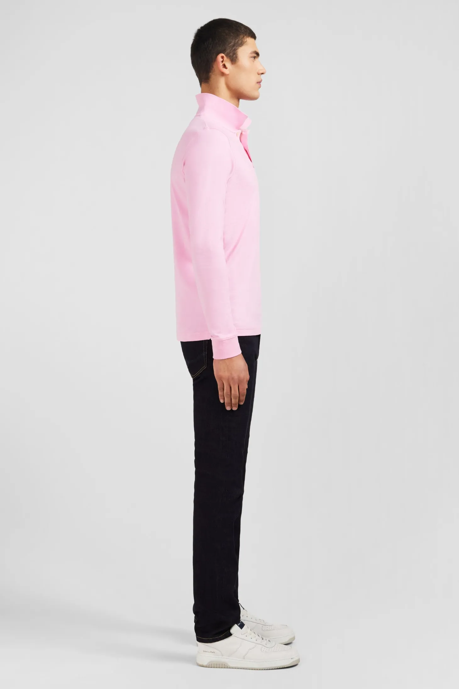 Polo manches longues rose uni en piqué de coton stretch