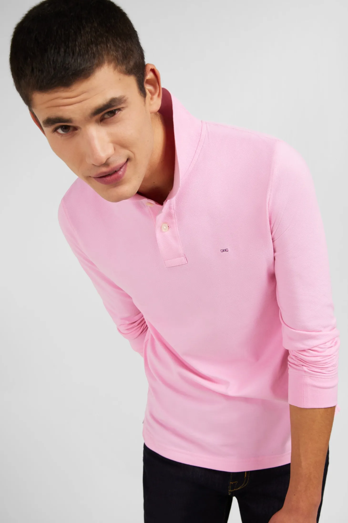 Polo manches longues rose uni en piqué de coton stretch