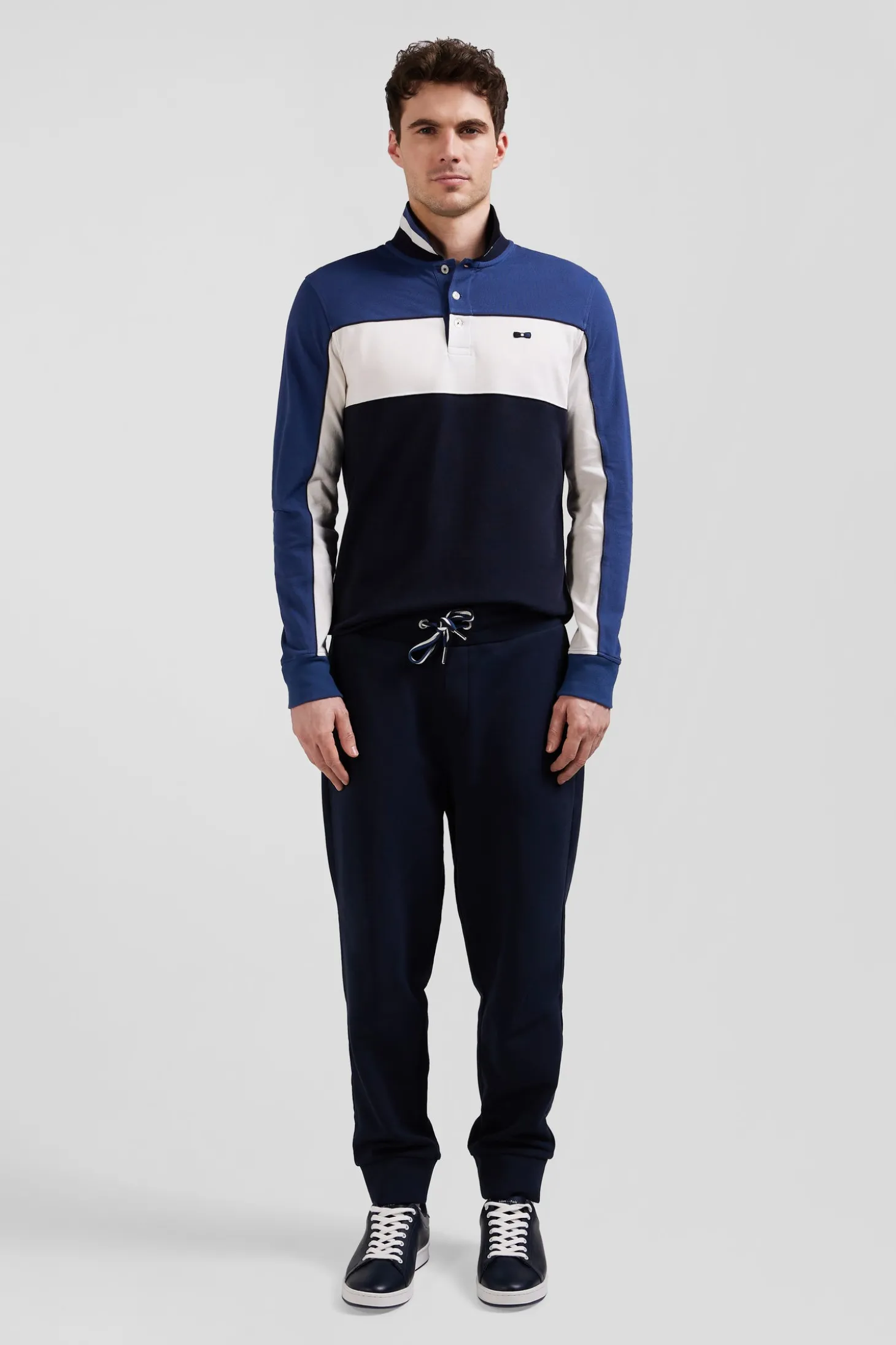 Polo manches longues tricolore en piqué coton bleu coupe Regular