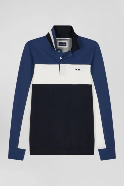 Polo manches longues tricolore en piqué coton bleu coupe Regular