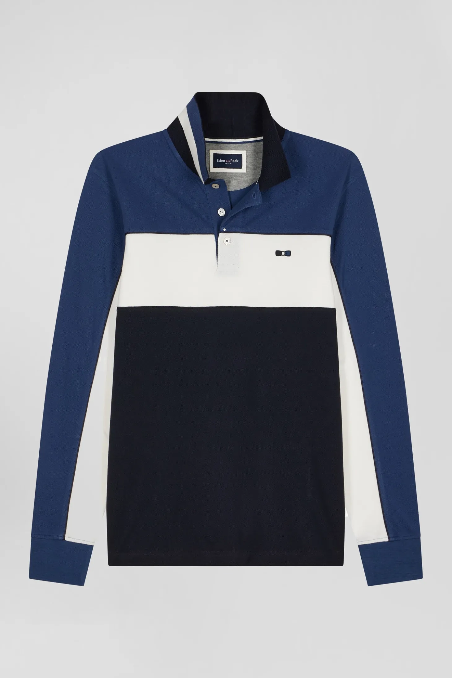 Polo manches longues tricolore en piqué coton bleu coupe Regular