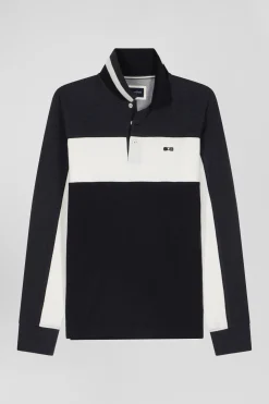Polo manches longues tricolore en piqué coton noir coupe Regular