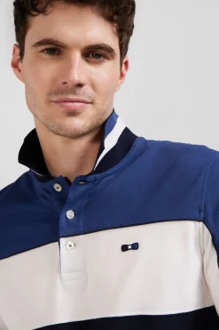 Polo manches longues tricolore en piqué coton bleu coupe Regular