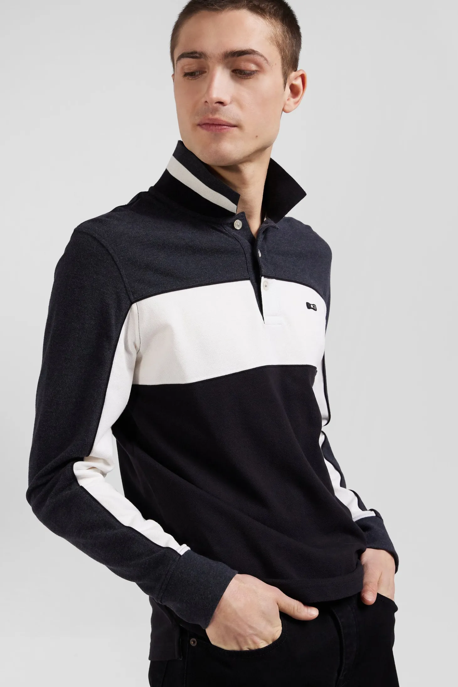 Polo manches longues tricolore en piqué coton noir coupe Regular