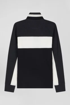 Polo manches longues tricolore en piqué coton noir coupe Regular