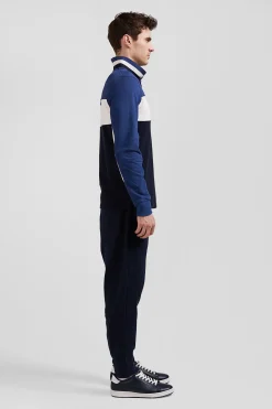 Polo manches longues tricolore en piqué coton bleu coupe Regular