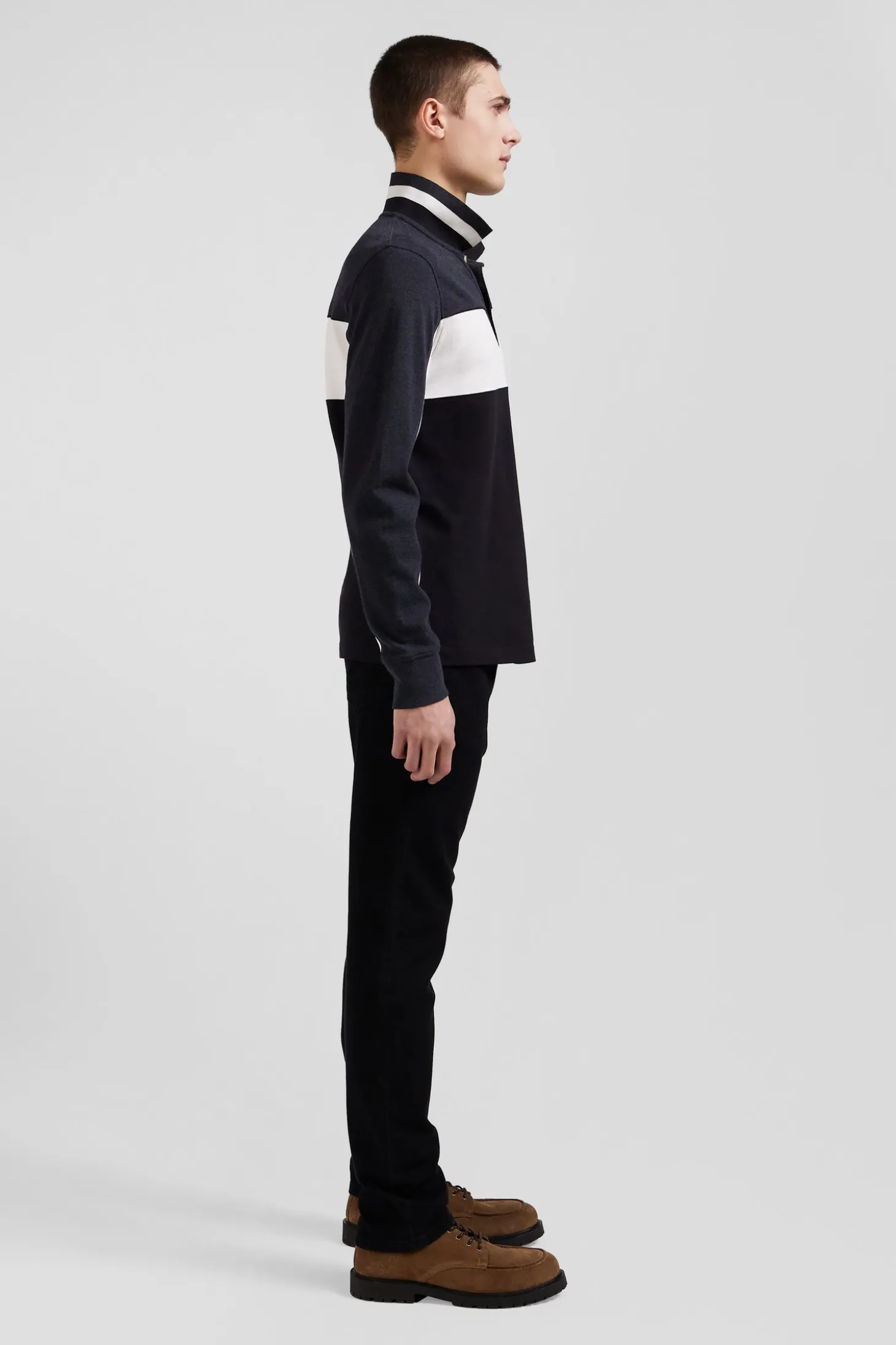 Polo manches longues tricolore en piqué coton noir coupe Regular