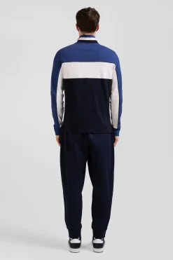 Polo manches longues tricolore en piqué coton bleu coupe Regular