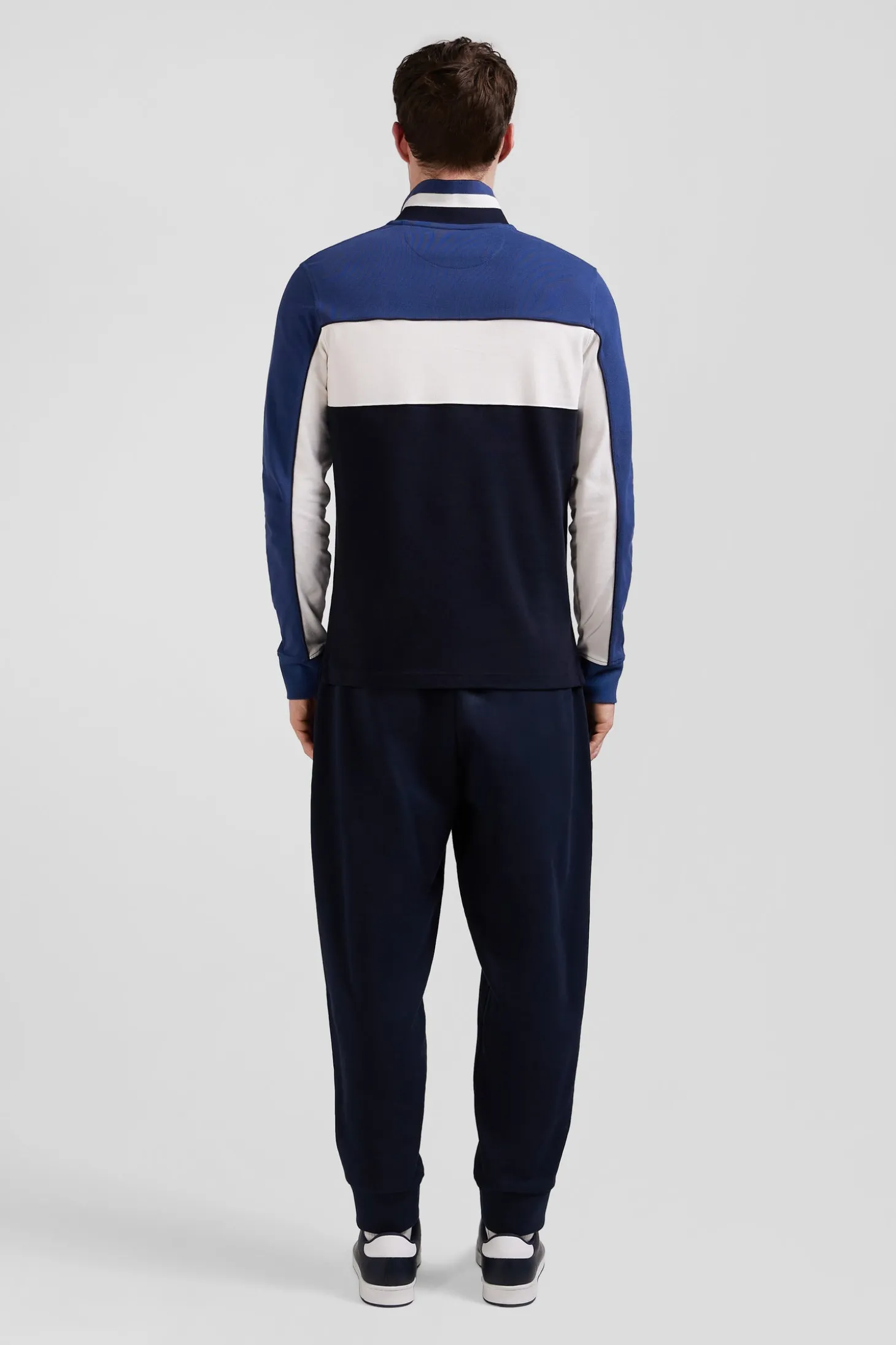 Polo manches longues tricolore en piqué coton bleu coupe Regular