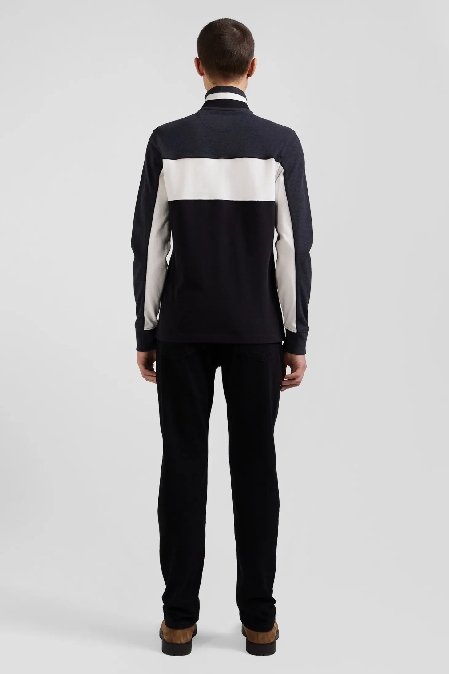 Polo manches longues tricolore en piqué coton noir coupe Regular