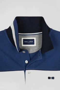 Polo manches longues tricolore en piqué coton bleu coupe Regular