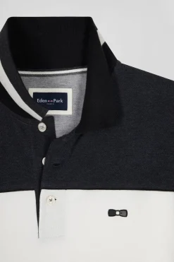 Polo manches longues tricolore en piqué coton noir coupe Regular