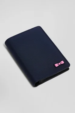 Portefeuille format français bleu marine à ruban rose