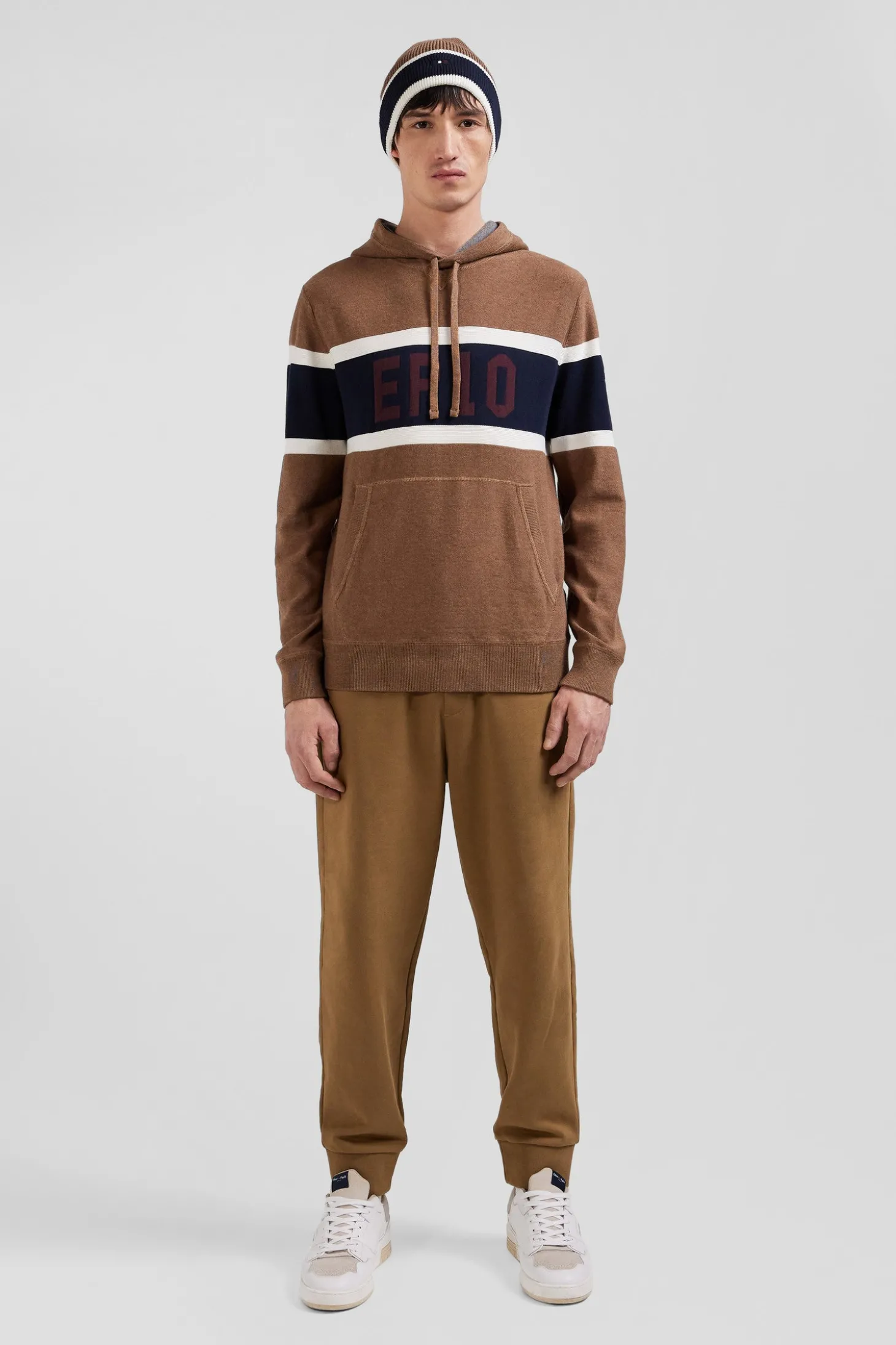 Pull à capuche en coton camel jacquard EP10 coupe Regular