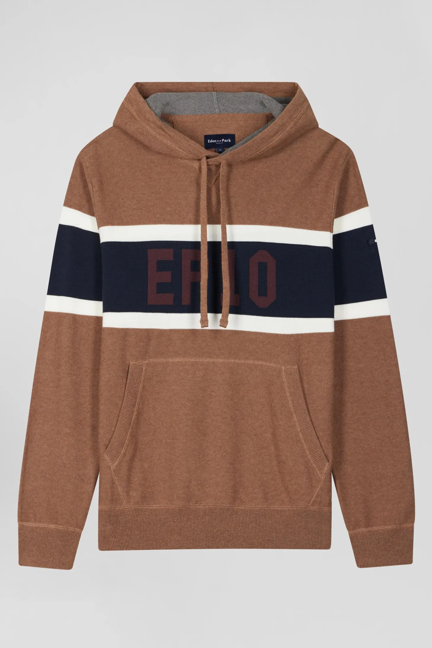 Pull à capuche en coton camel jacquard EP10 coupe Regular