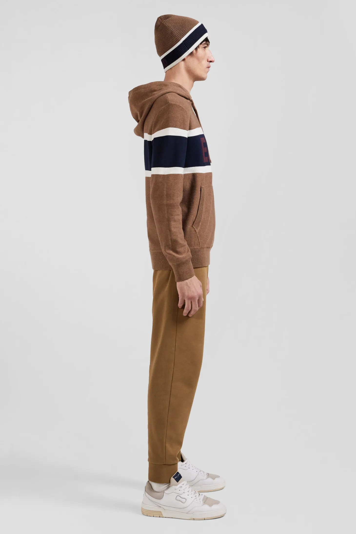 Pull à capuche en coton camel jacquard EP10 coupe Regular