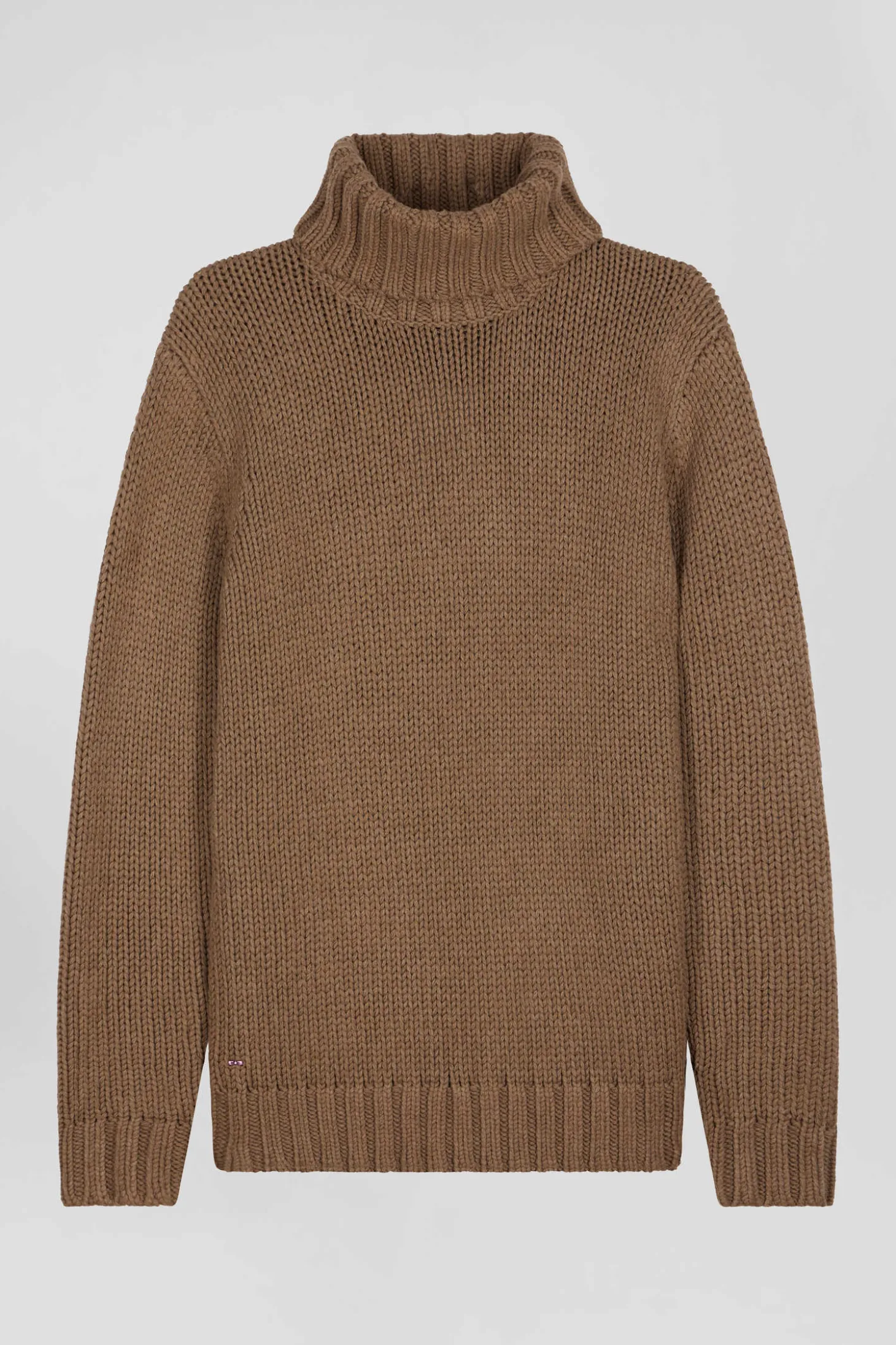 Pull à col roulé en laine et coton marron coupe Regular