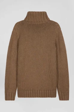 Pull à col roulé en laine et coton marron coupe Regular