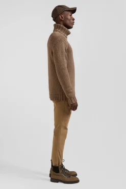 Pull à col roulé en laine et coton marron coupe Regular