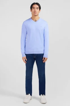 Pull bleu à Col V en coton