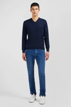 Pull bleu marine à Col V en coton