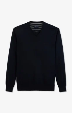 Pull bleu marine à Col V en coton