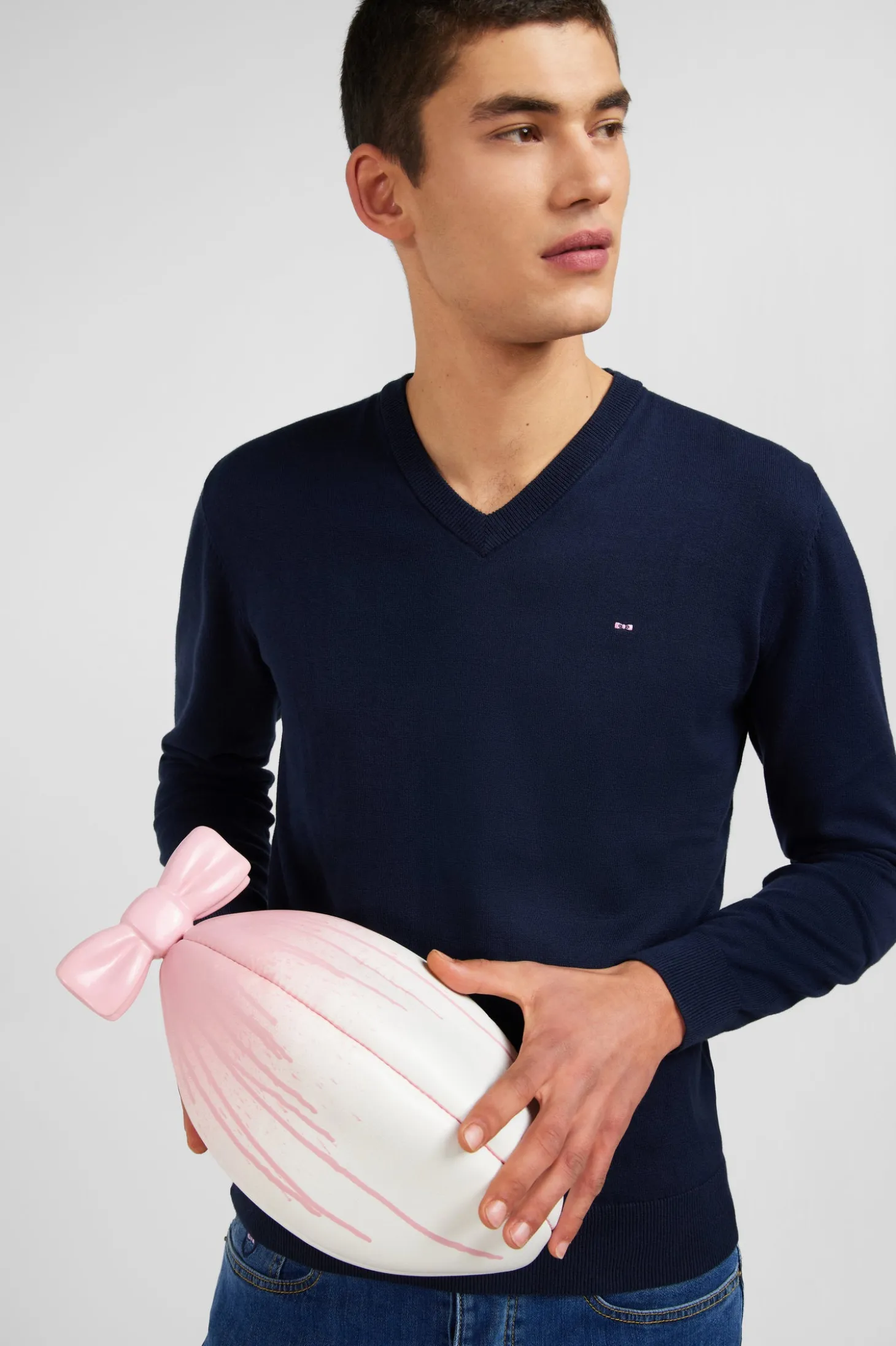 Pull bleu marine à Col V en coton